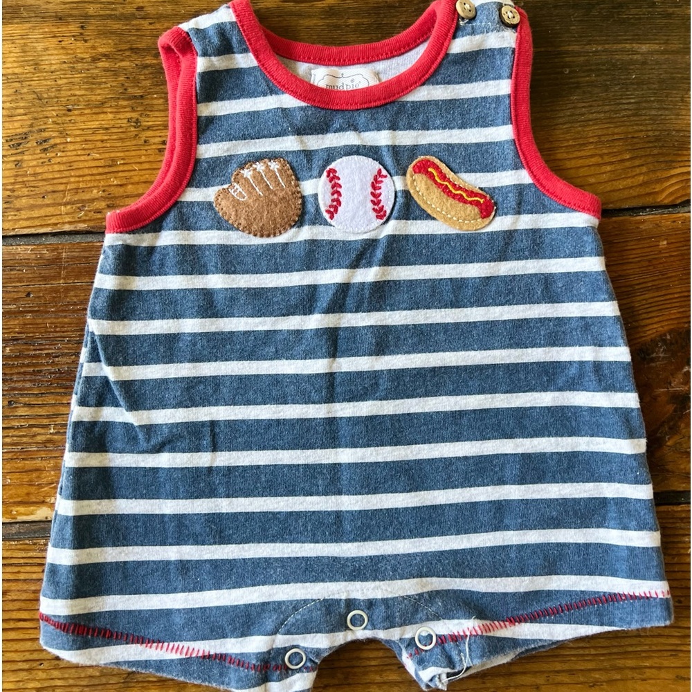 Mud Pie Baseball Romper. Size 0-3 Months.